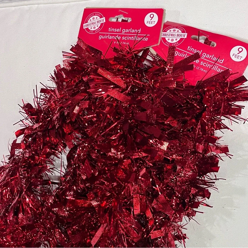 2 x Christmas House Holiday Tinsel Garland • Red • (18ft. Total)